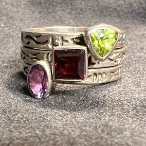 Silpada Sterling Silver Peridot Amethyst Garnet 3 Ring Set (RO455)